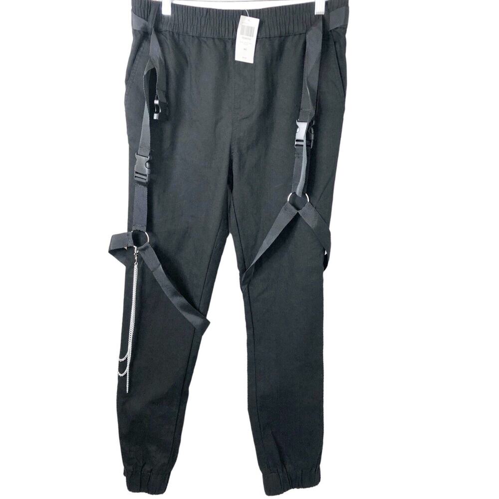 Hot Topic NWT Men's Black Twill Strap Chain Jogger Pants Size Medium 32X30.5